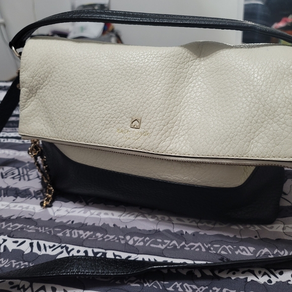 Kate Spade Southport Ave Maria Fold Over Purse Pebbled Leather black beige - Picture 3 of 11